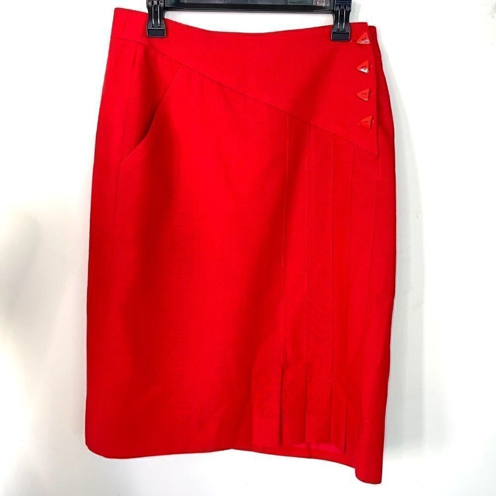 Jacques Vert Womens Skirt Red Size 14 Vintage Pleated Side Button Pocket Lined - Picture 12 of 13